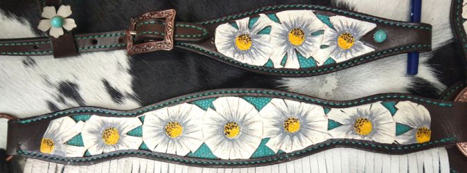 Showman White poppy painted flower with teal inlay one ear headstall and breast collar set with fringe #4